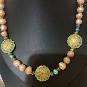 Antique Peach Pearl Necklace with Turquoise & Gold Floral Medallions